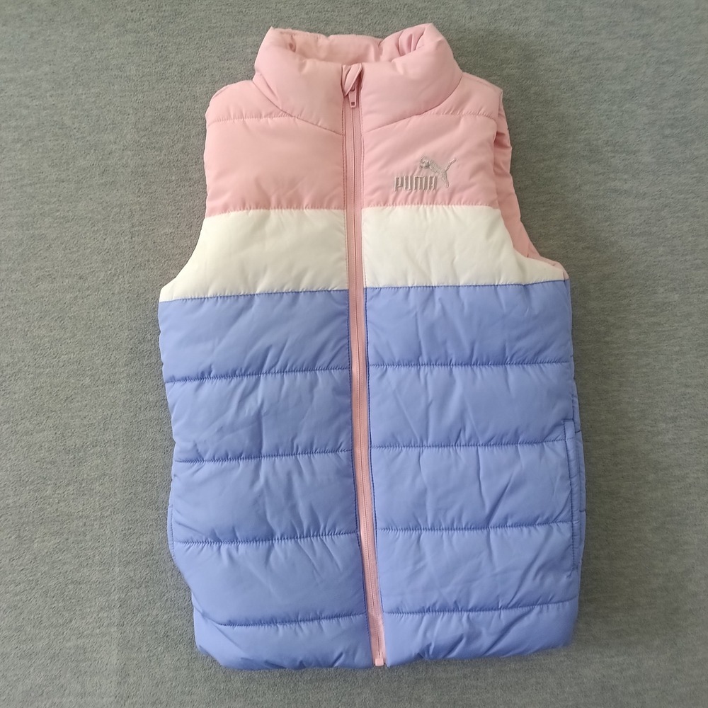 Puma Girls Puffer Vest Pink White Blue Colorblock Zip Up Size Small 7/8